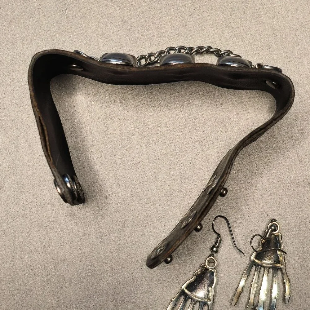 Y2K Skull & Bones Gothic Jewelry Set Silver Tone Earrings Bracelet Lot of 2
